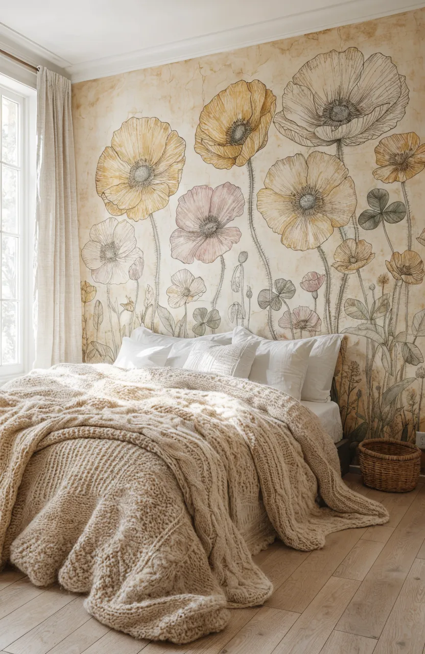 Eclectic wildflower wall stickers styled with rattan furniture