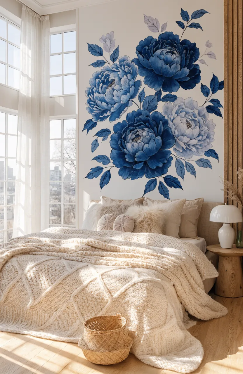 Light blue flower decals on a light gray bedroom wall