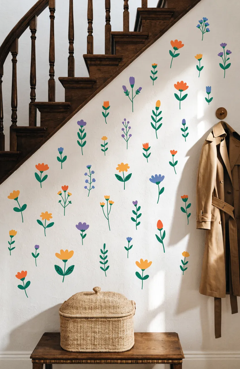 Floral decals flowing up a staircase wall into a hallway