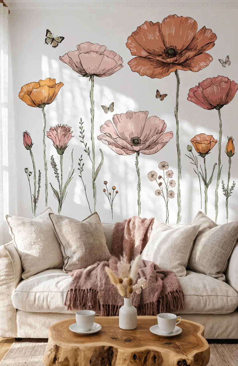 Giant floral clusters placed behind a king-size bed