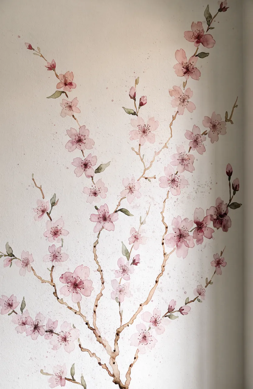 A cherry blossom tree wall decal reaching across a bedroom wall