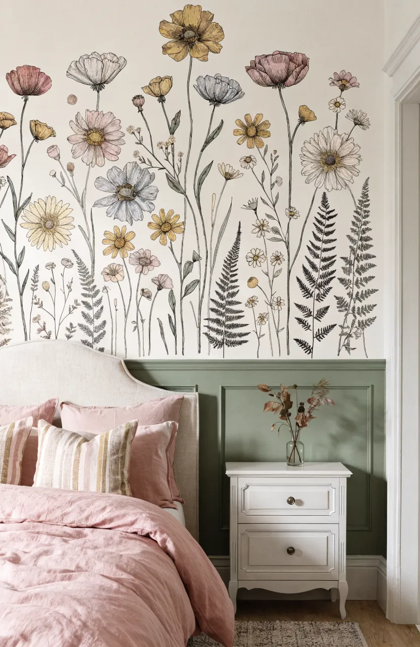 Small colorful flower decals arranged in a rustic bedroom