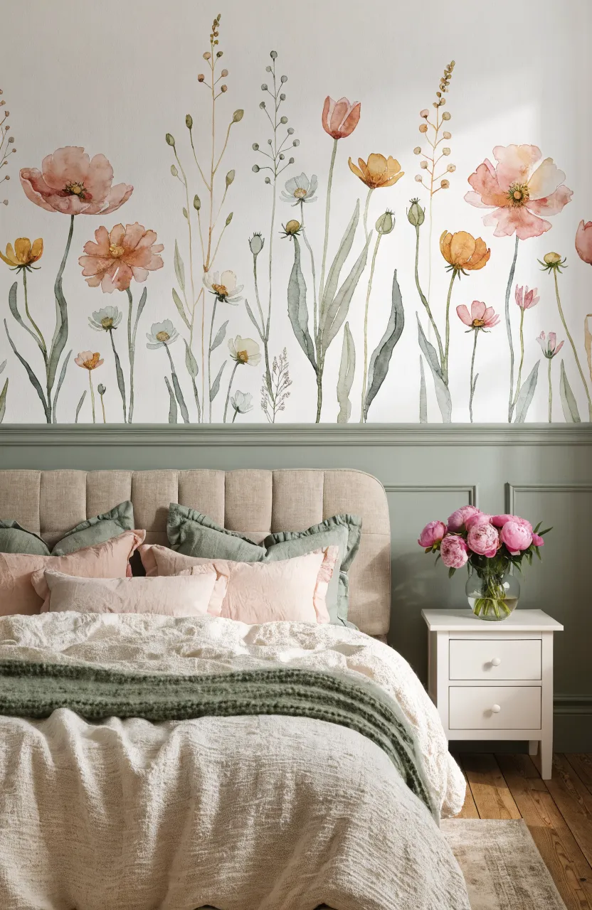 Layered watercolor flower stickers in a guest bedroom suite