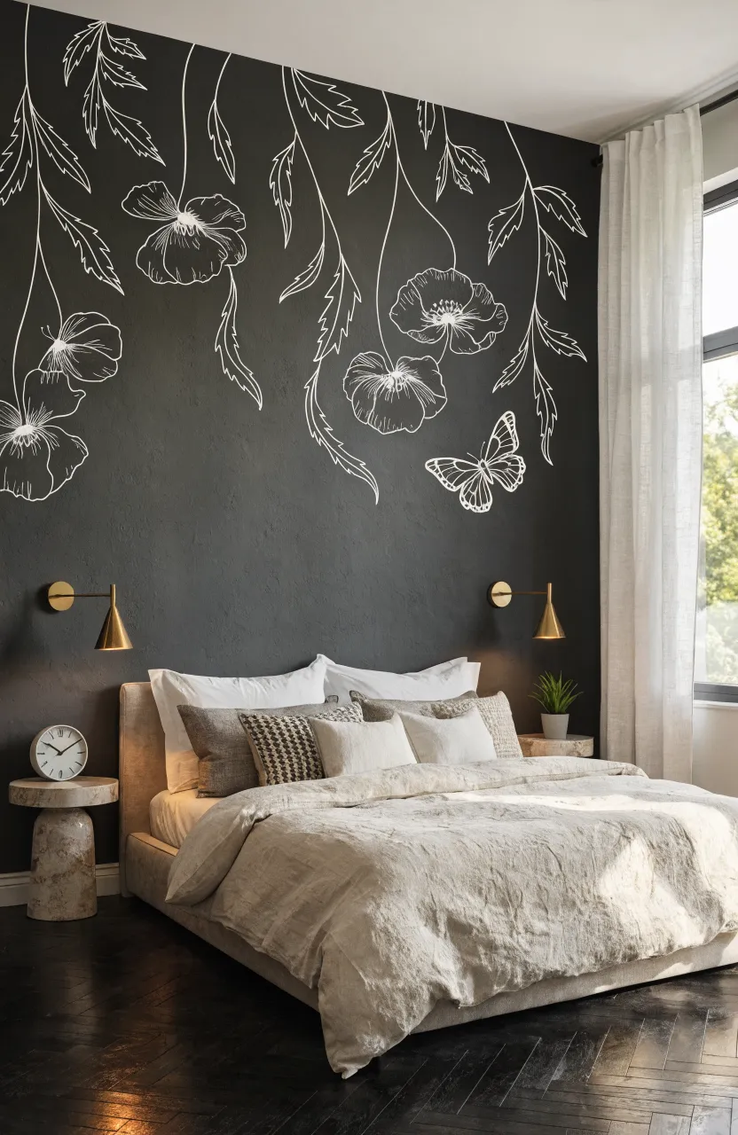 White line drawing flower decals on a navy blue wall