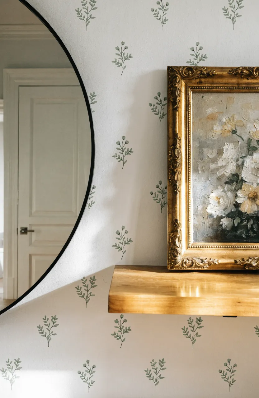 A variety of green botanical stems and leaves in a glass vase on a bedroom dresser.