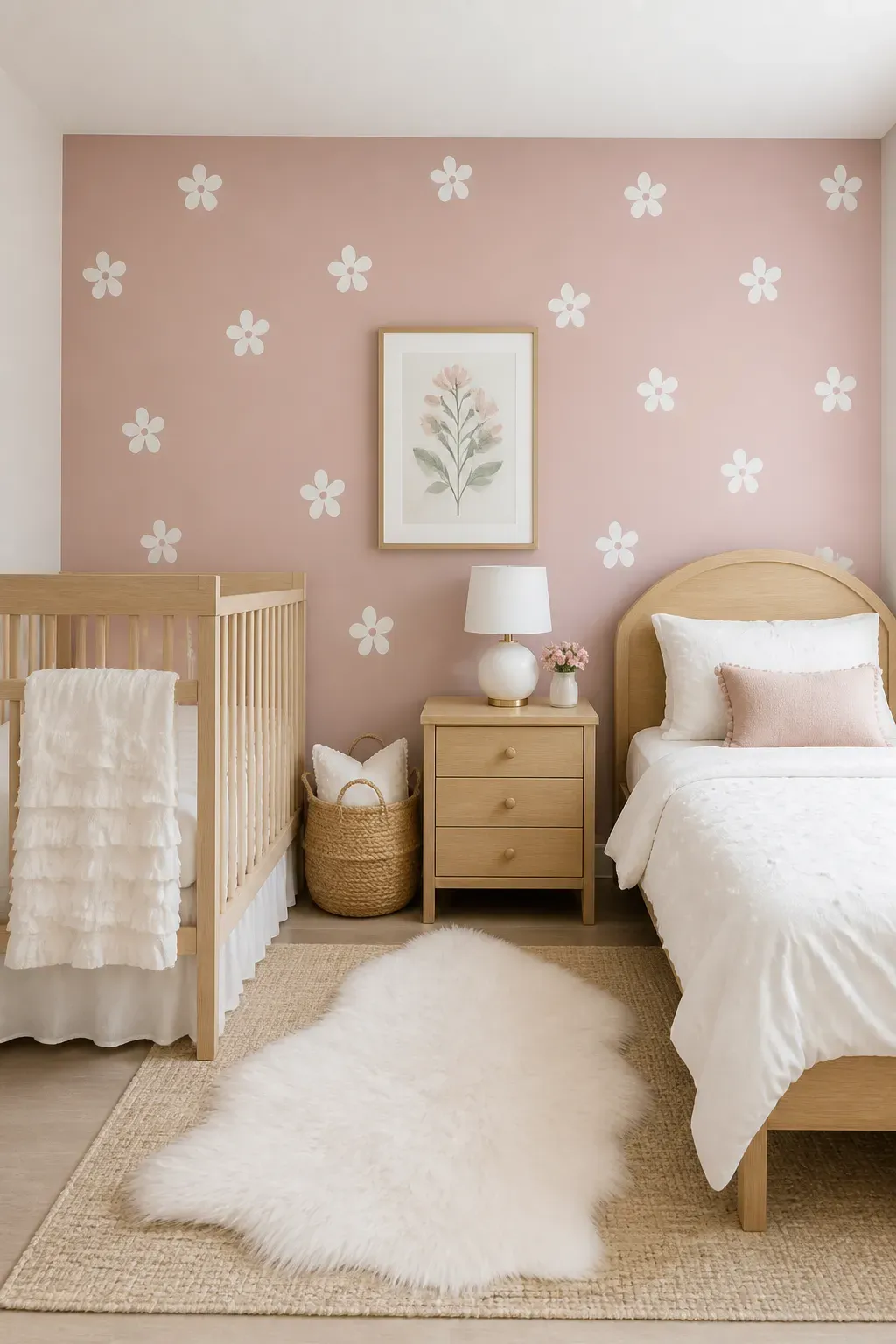 Soft pink paper flowers on a nursery wall