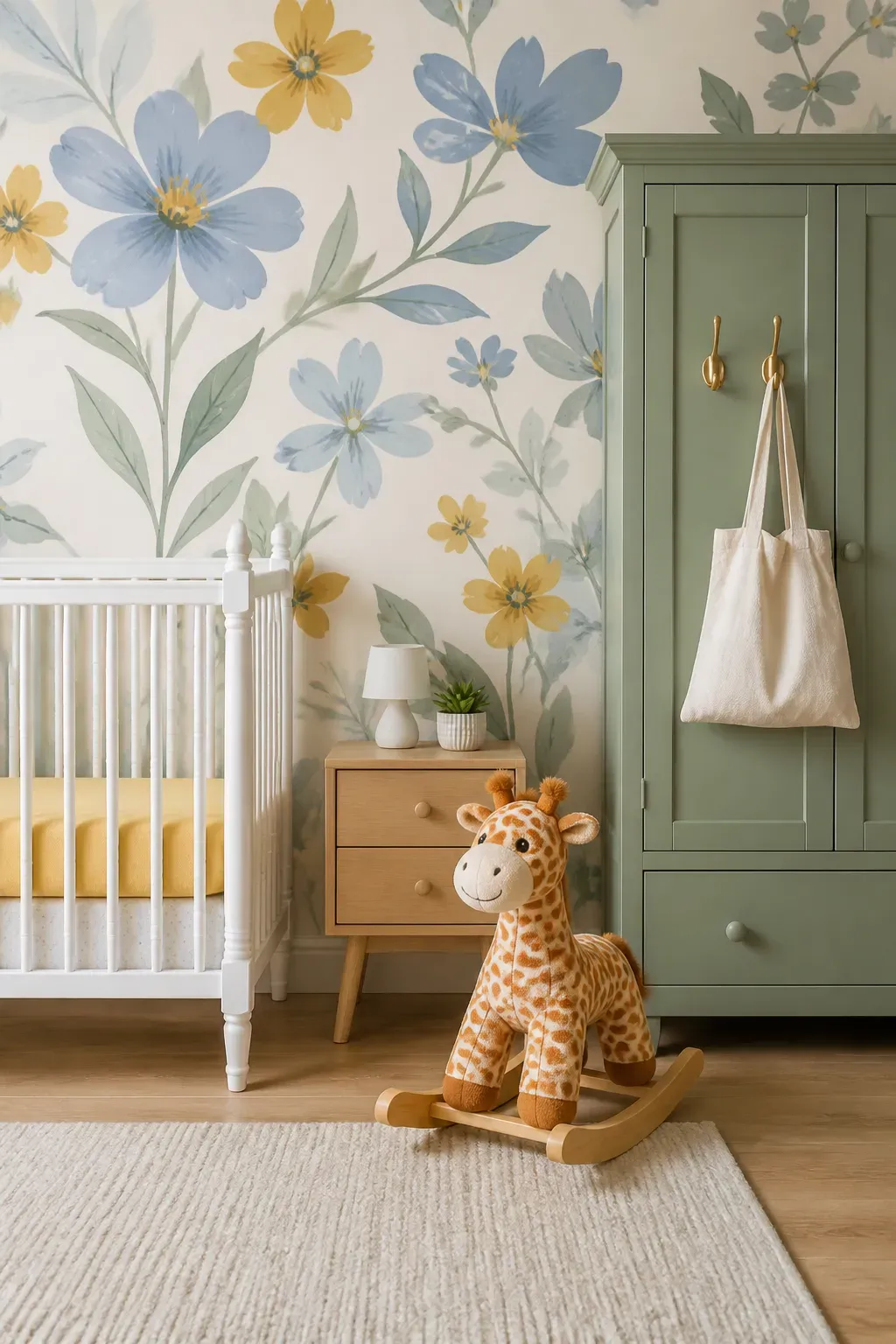 Oversized floral wall art in a contemporary nursery