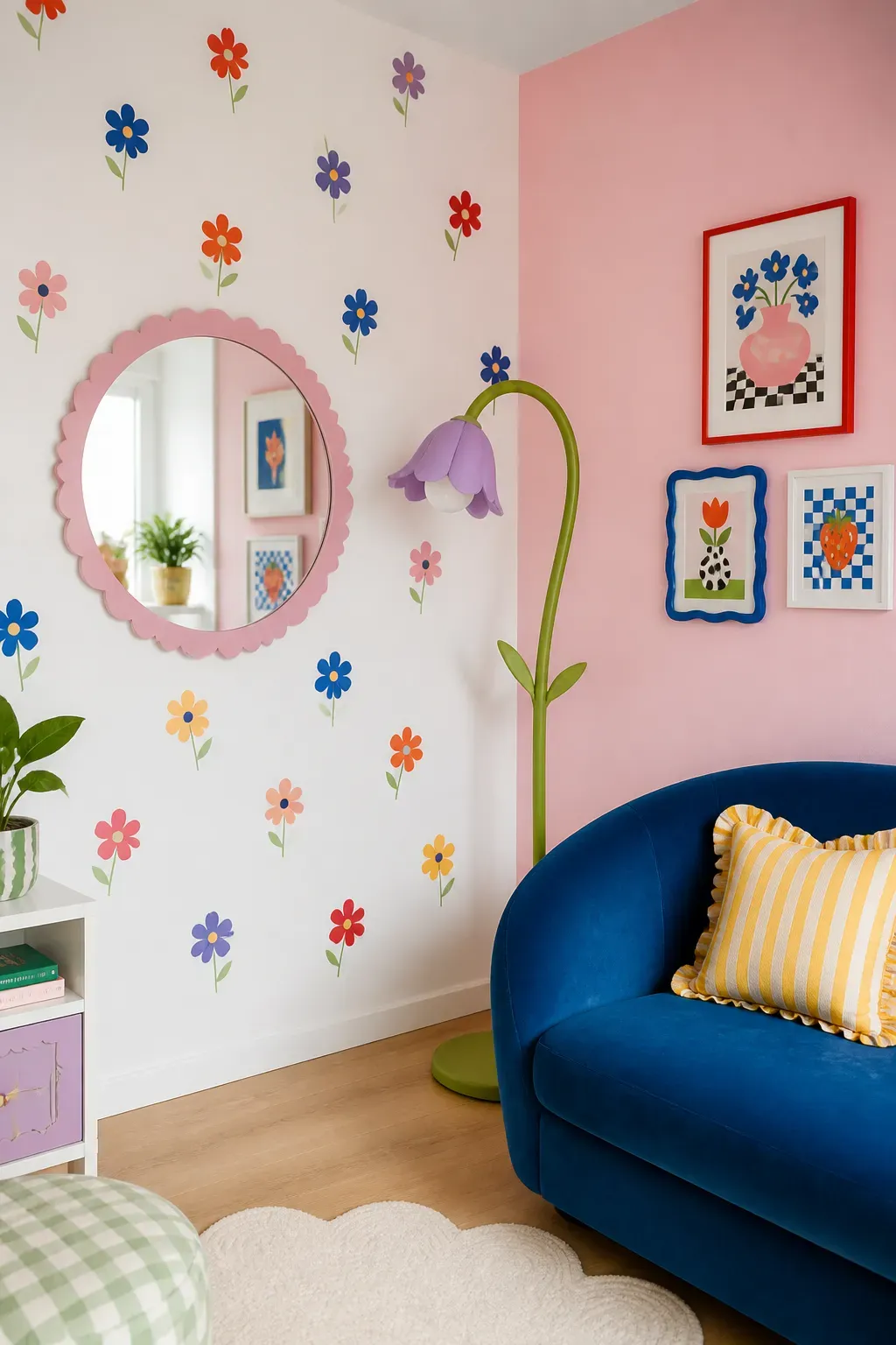 Multicolor floral decals on a bright wall