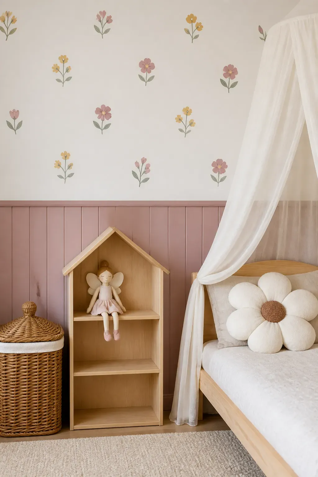 Layered pastel floral wall art for a baby room