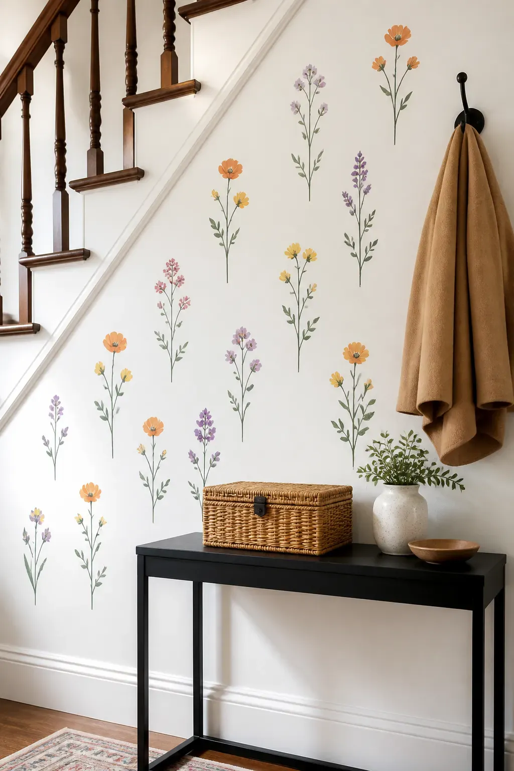 Floral decals along a staircase wall