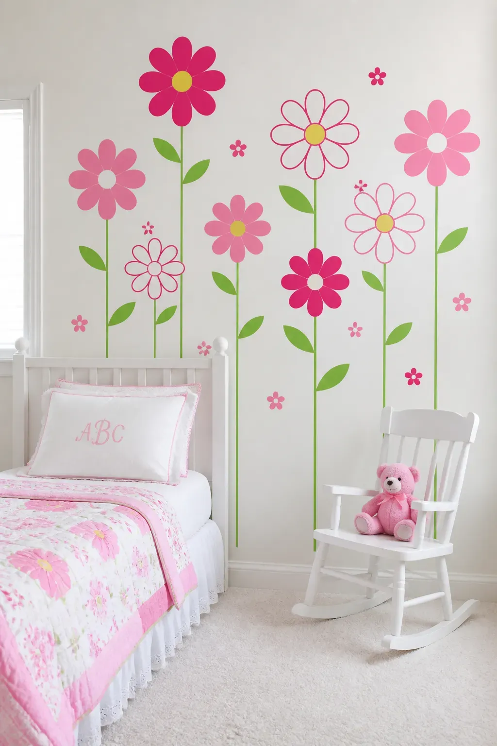 Bright pink daisies in a dim corner space