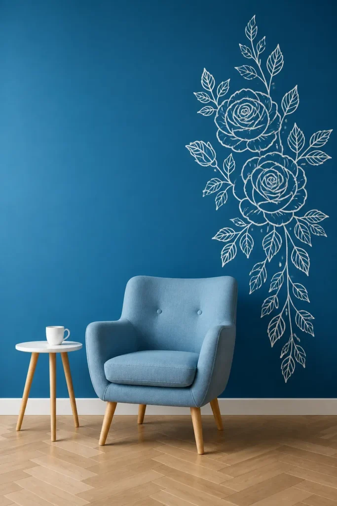 Large white floral decals on a dark accent wall