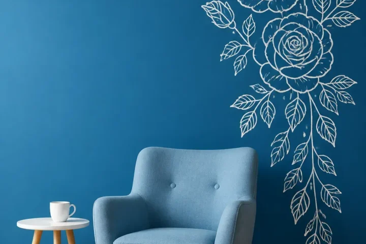 Large white floral decals on a dark accent wall