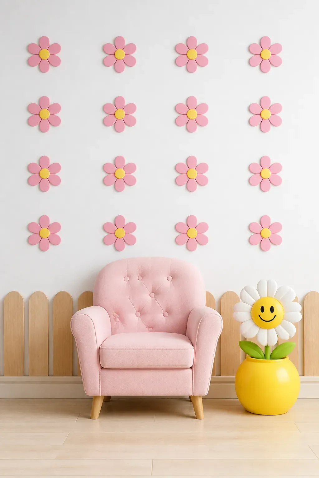 Bright pink floral wall decals in a vibrant children's playroom