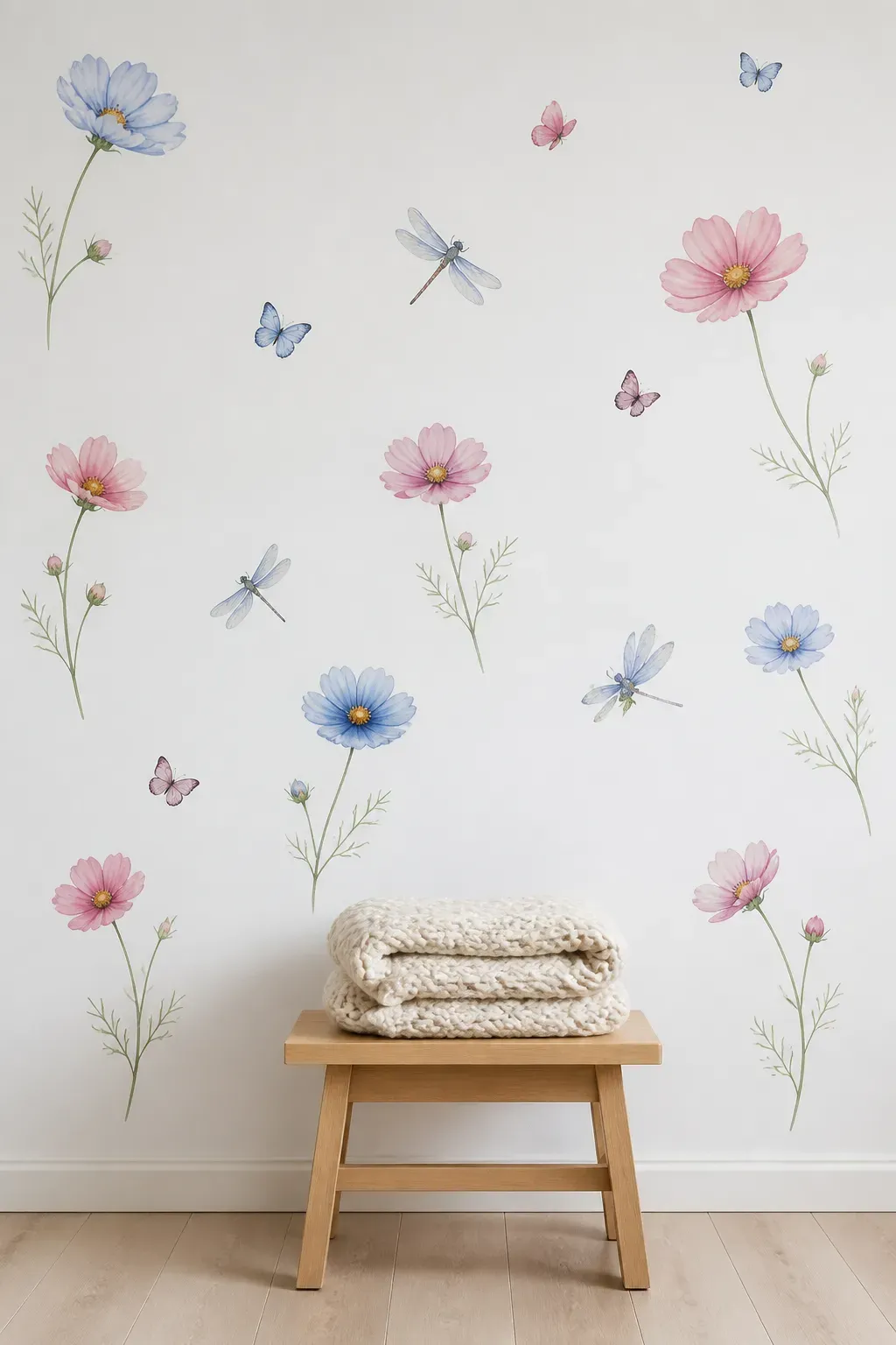 Soft watercolor flower stickers on a bedroom wall for an elegant look