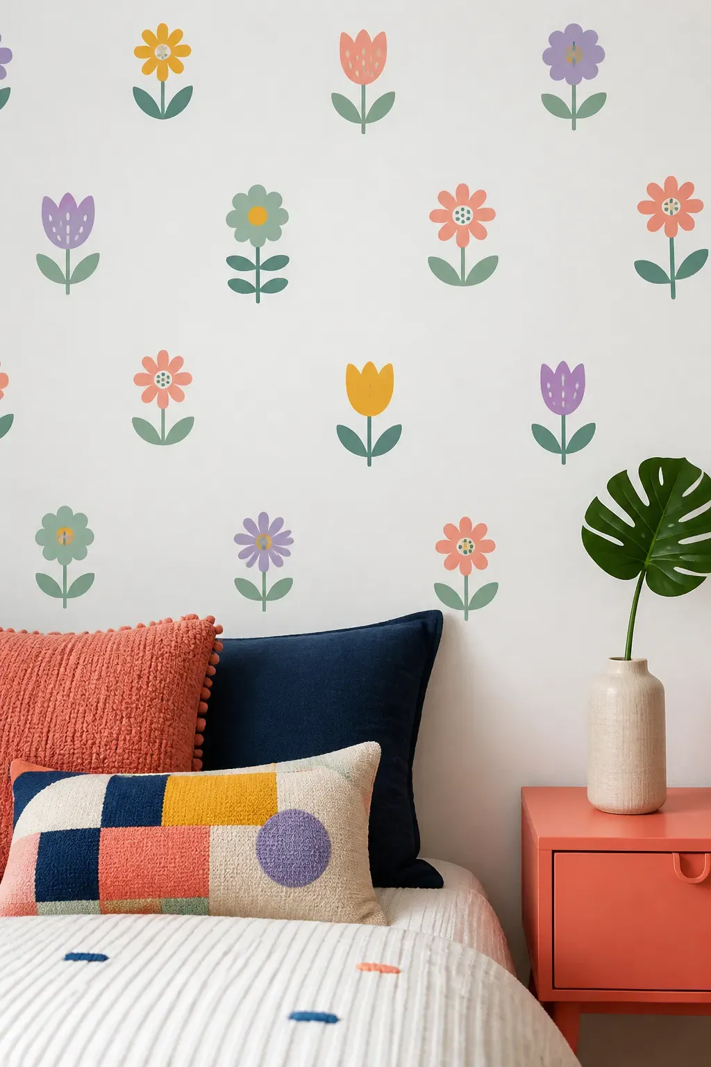 Minimalist modern nursery featuring soft pastel floral wall stickers