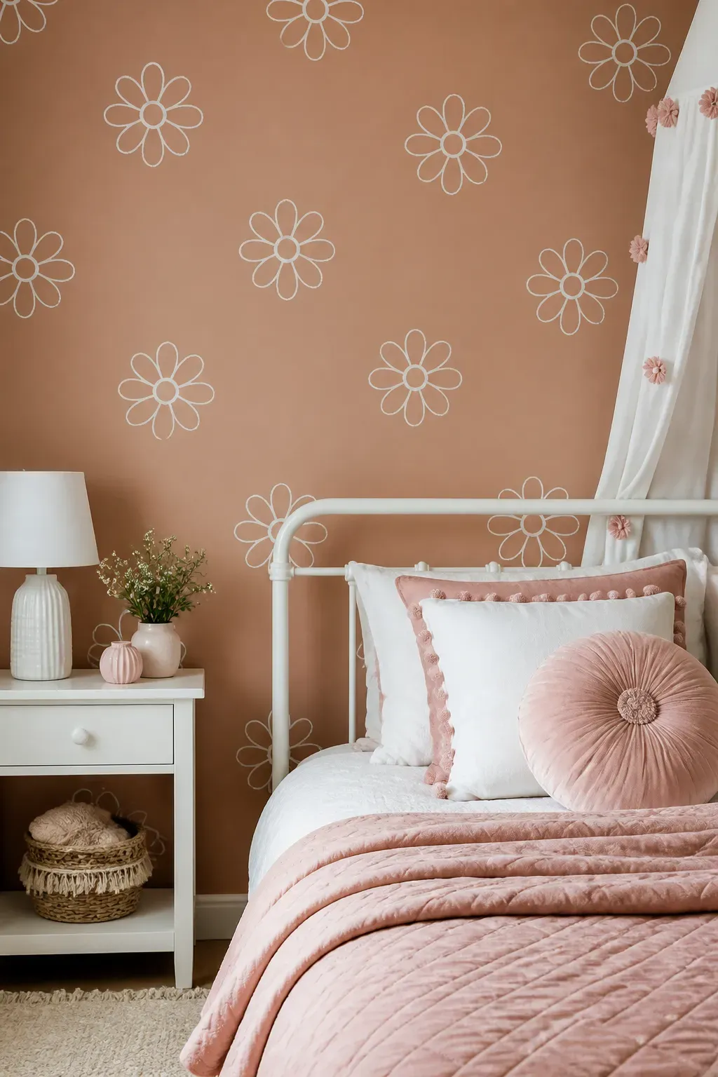 White daisy flower decals on a dark wall for a high-contrast clean design