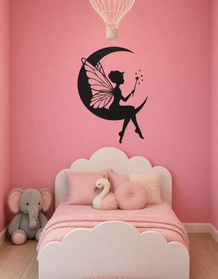 A monochromatic pink nursery featuring a fairy crescent moon sticker wall art bedroom decal above a cloud headboard.