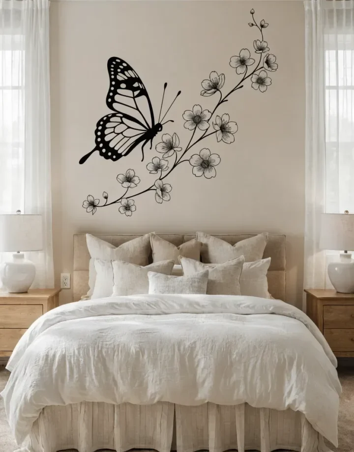 A modern organic bedroom featuring a black monarch butterfly floral sticker wall art bedroom decal above a neutral upholstered headboard.
