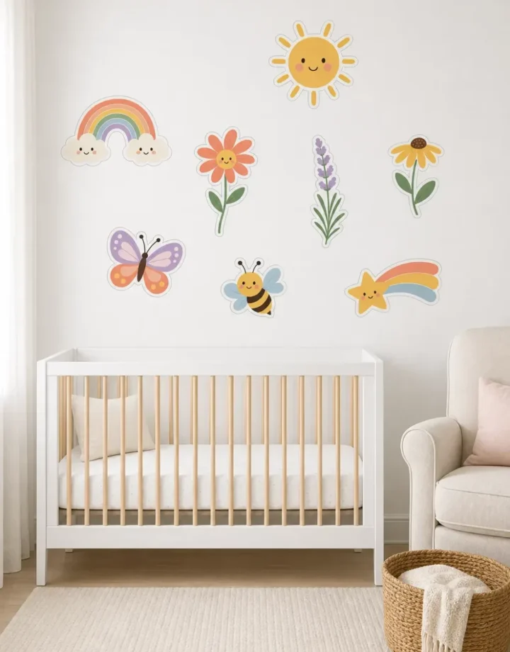 A modern Scandinavian nursery featuring minimalist nursery rainbow garden sticker wall decals above a light wood baby crib and a cozy armchair.