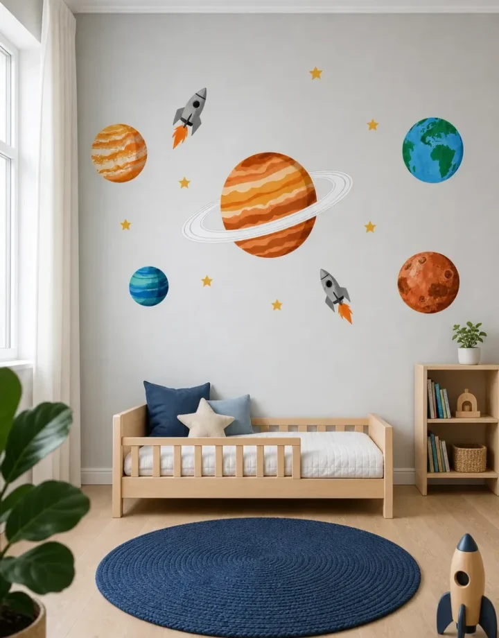 A modern scandi nursery watercolor solar system nursery wall decals set installed on a light gray wall above a toddler bed in a minimalist bedroom.