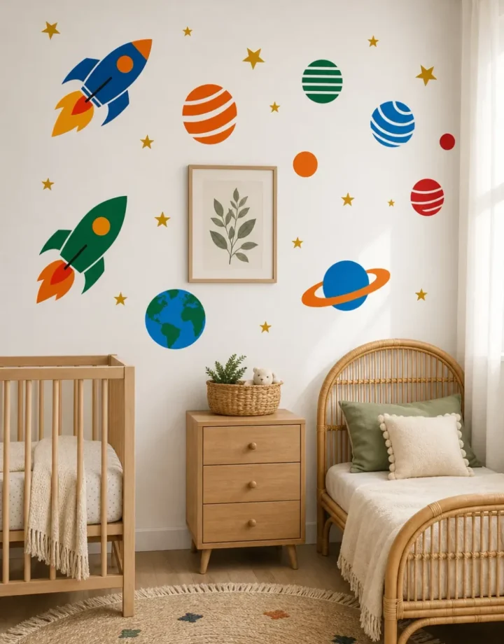 A modern bohemian nursery with an outer space sticker wall art bedroom theme above a wooden crib and rattan bed.