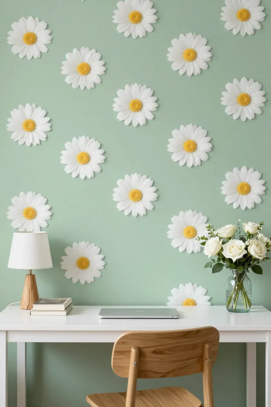 A modern home office desk featuring bright boho daisy wall decals on a clean white background.