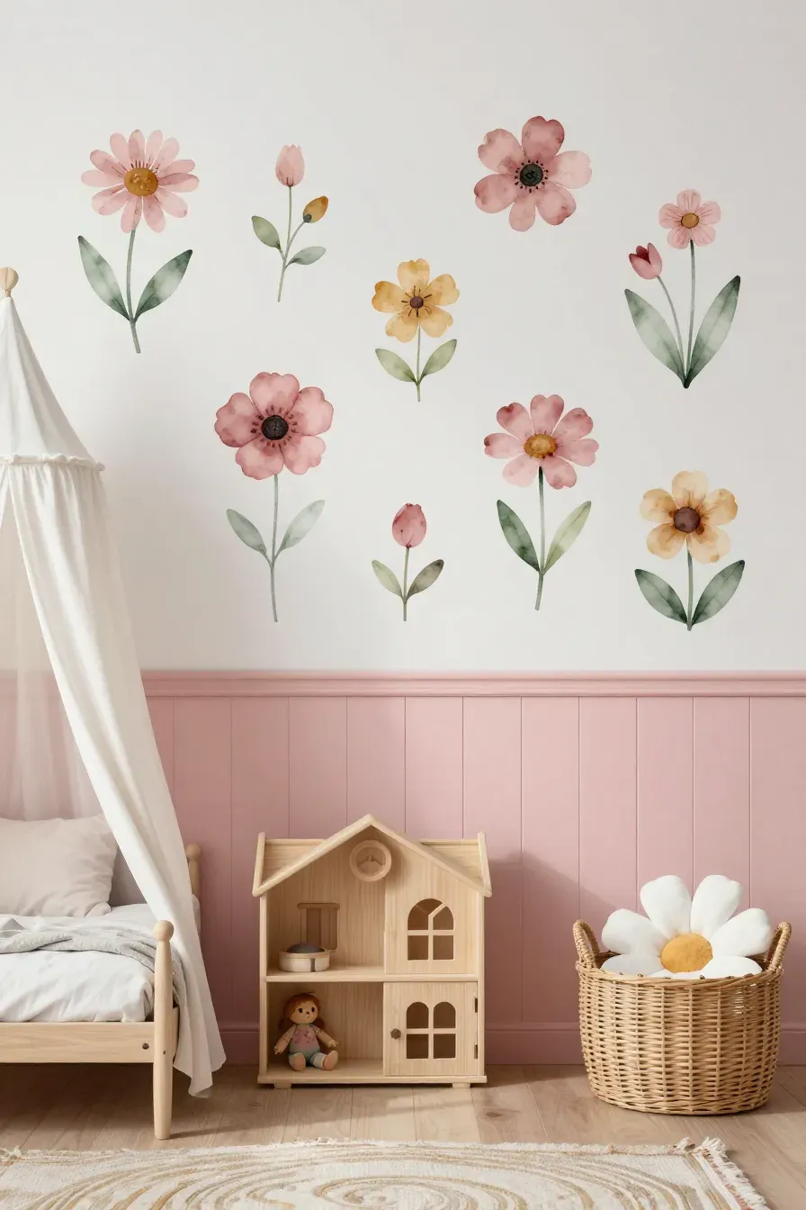 Soft pastel pink and cream floral decals arranged above a wooden crib in a nursery.