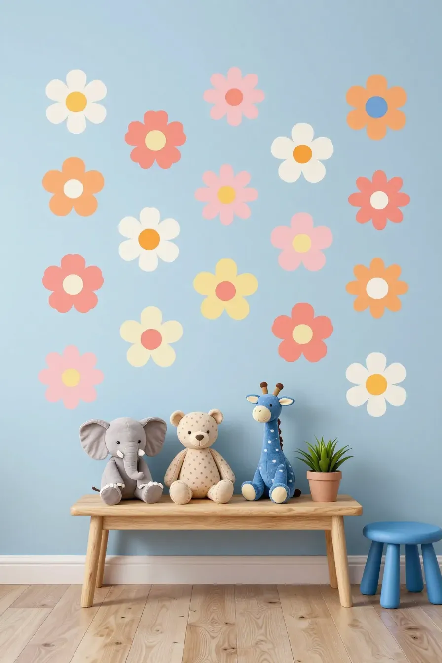 Vintage-inspired orange and yellow daisy wall stickers on a wood-paneled wall.