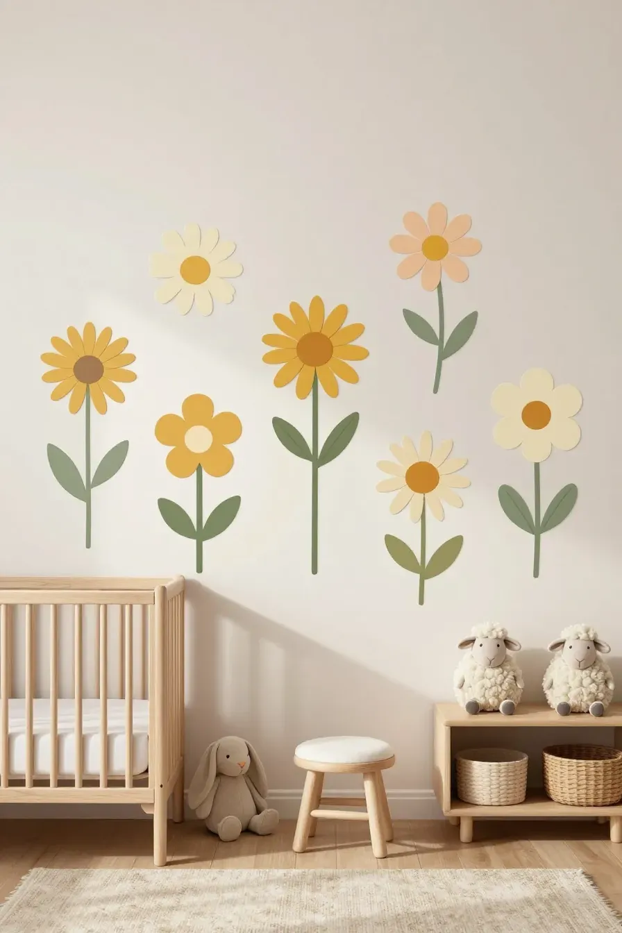 A colorful child's playroom with large daisy wall graphics in various natural tones.