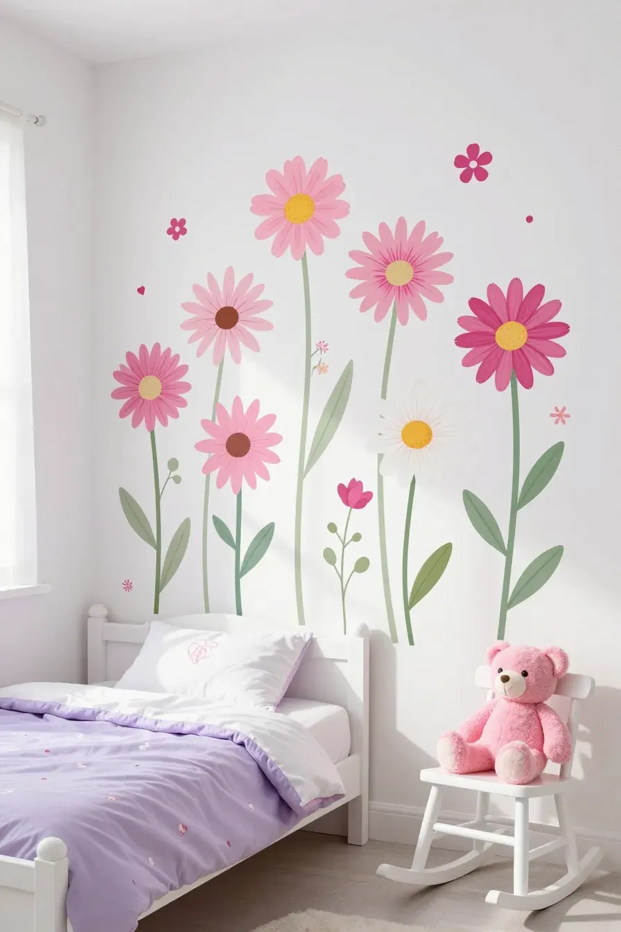 Small, cute daisy stickers scattered across a child's bedroom wall near a bookshelf.