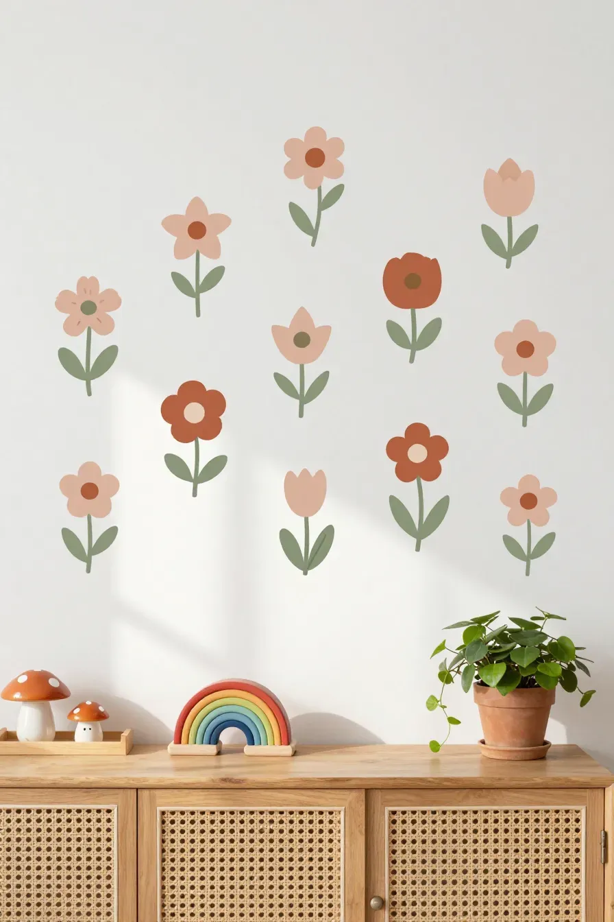 Simple black line-art floral stickers on a minimalist grey wall.