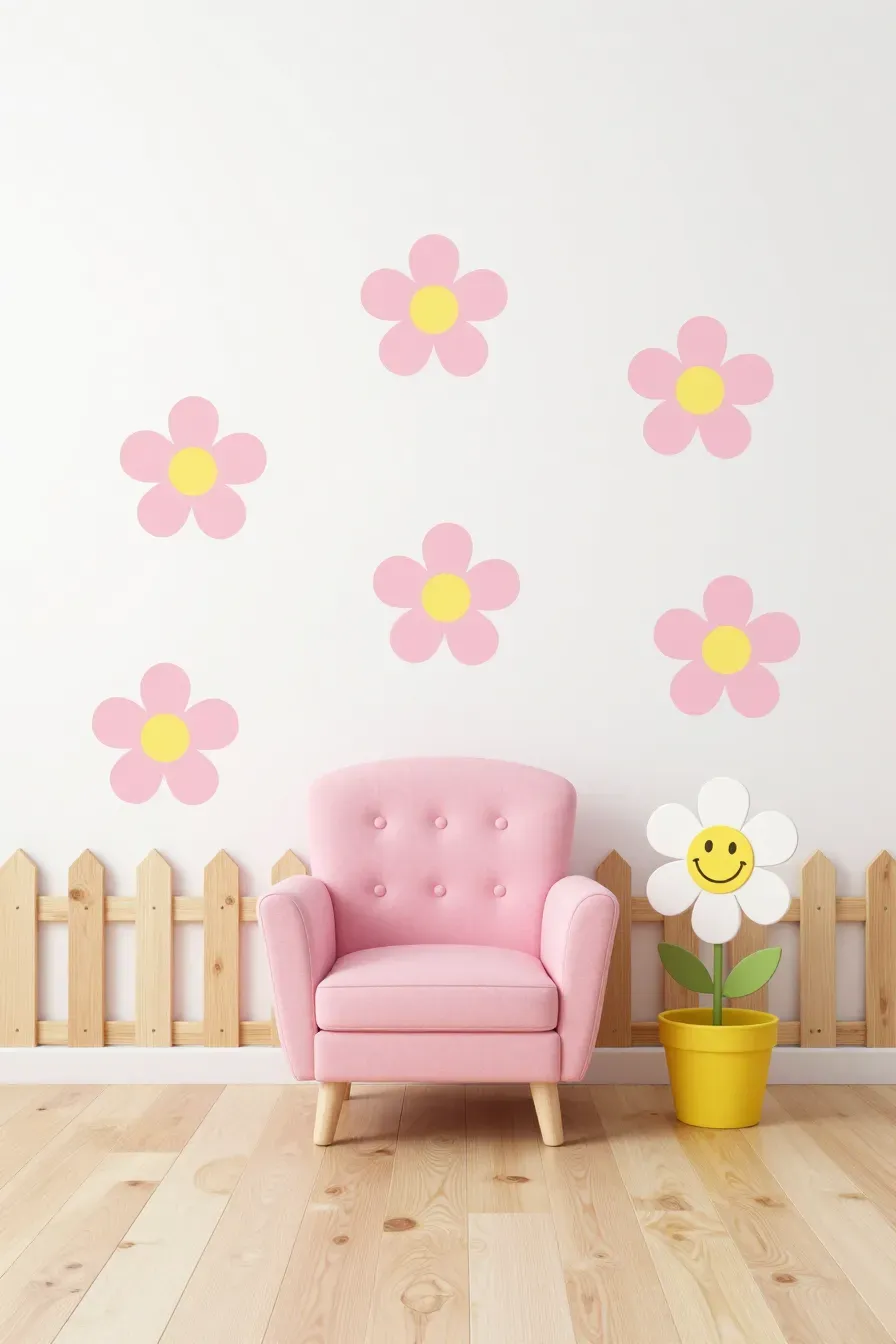 Muted pink daisy wall art pieces on a soft beige wall in a cozy reading nook.