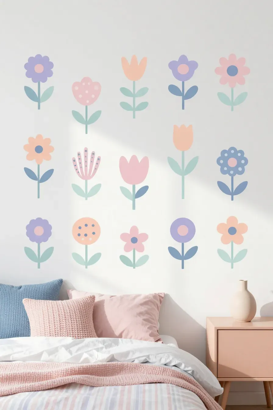 Muted sage green and dusty blue flower decals in a minimalist living room.