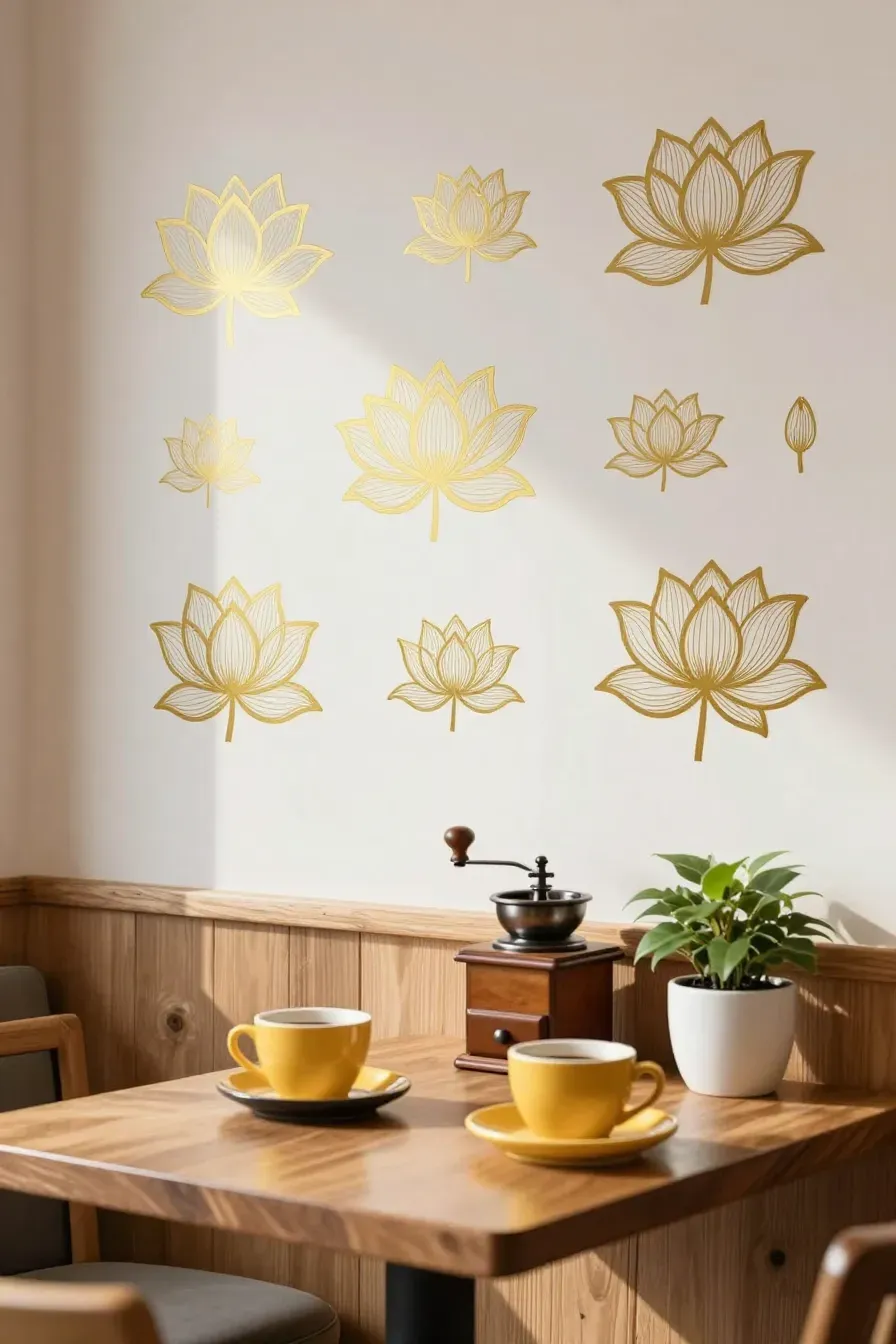 Elegant gold foil daisy stickers applied to a dark navy feature wall.