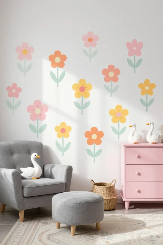 A collage of different sized and shaded pastel flower stickers layered on a bedroom wall.