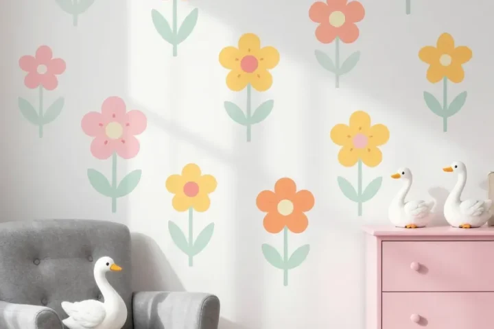 A collage of different sized and shaded pastel flower stickers layered on a bedroom wall.