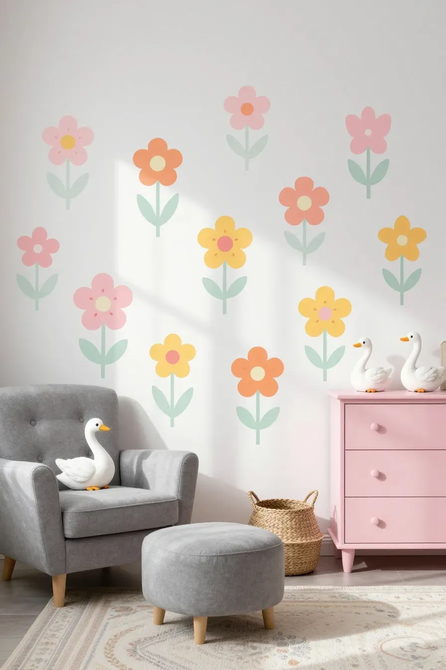 A collage of different sized and shaded pastel flower stickers layered on a bedroom wall.