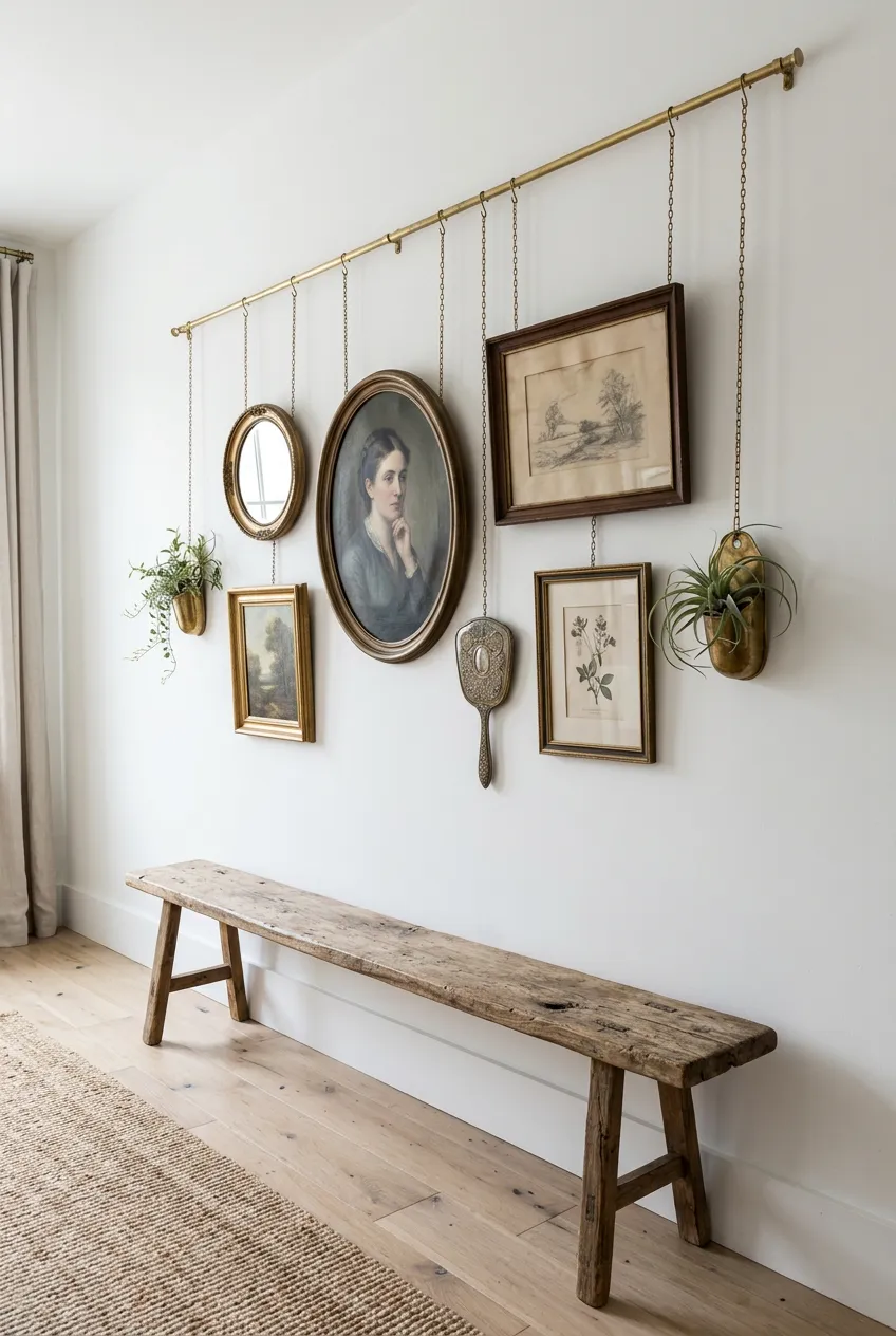 A collection of antique oil paintings hung from a brass picture rail in a classically styled room.