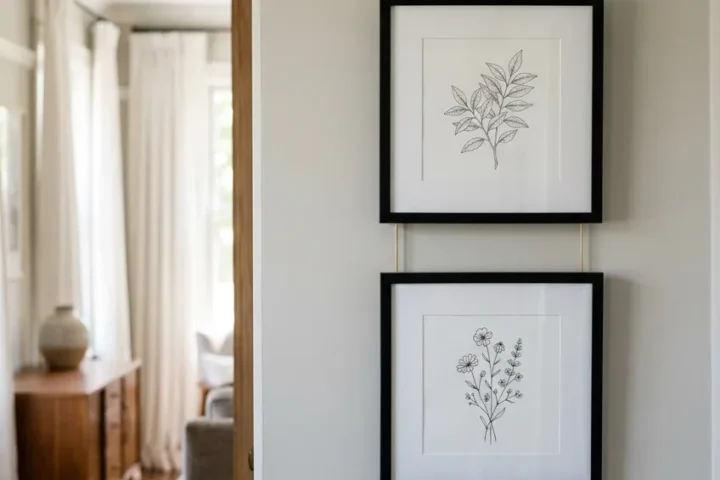 Modern art gallery with thin black frames hanging from traditional rails and cables.