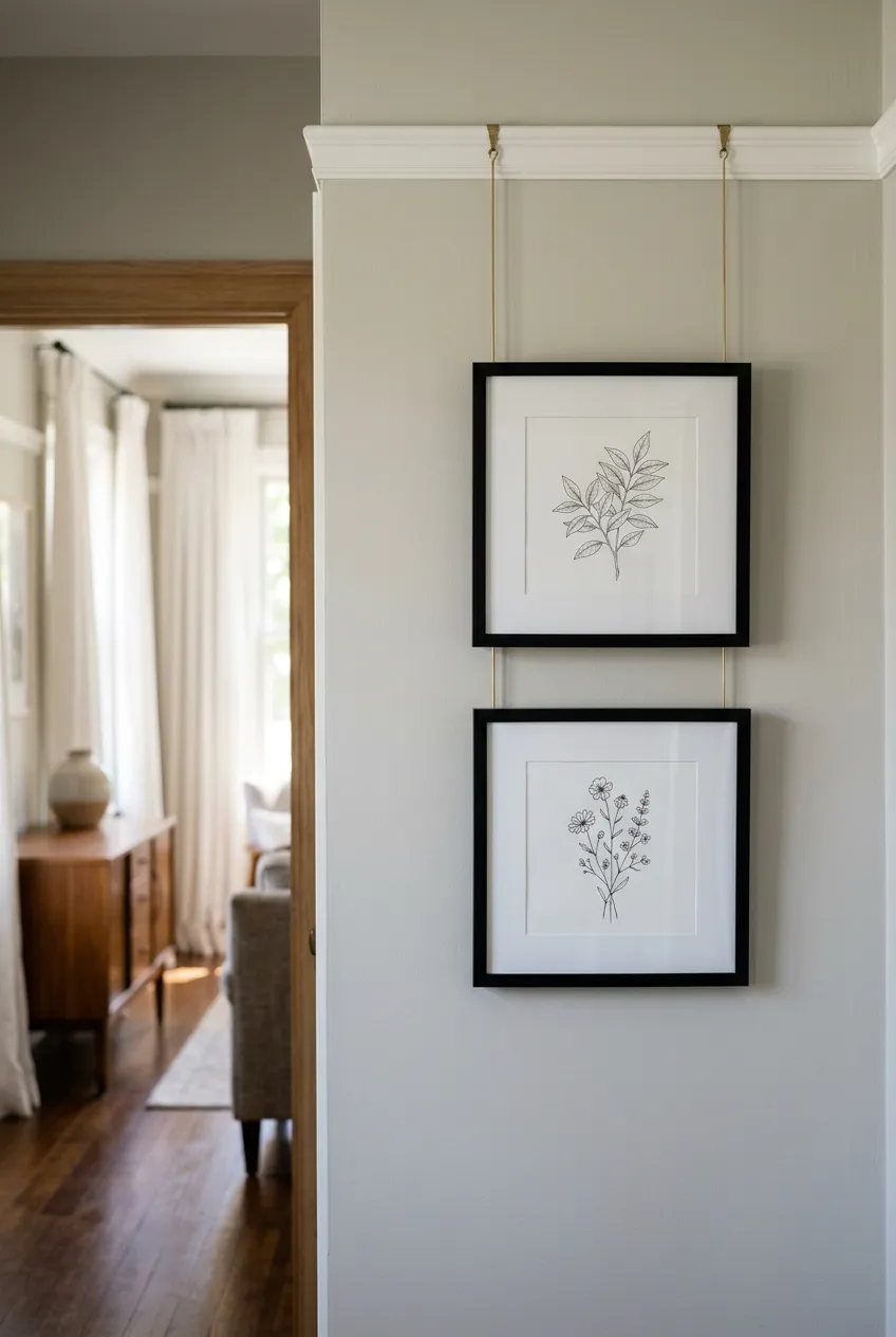 Modern art gallery with thin black frames hanging from traditional rails and cables.