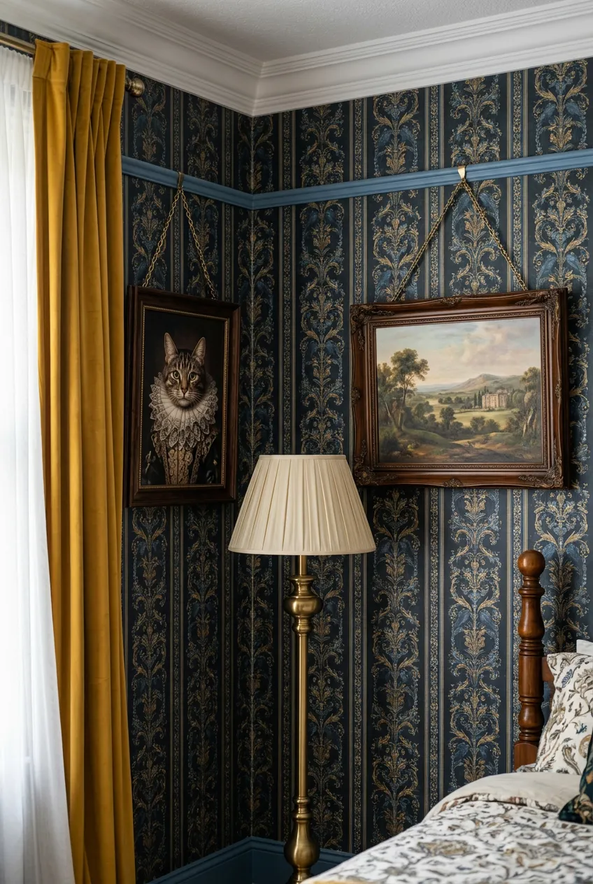 Close-up of ornate blue and white wallpaper behind a white decorative picture rail.