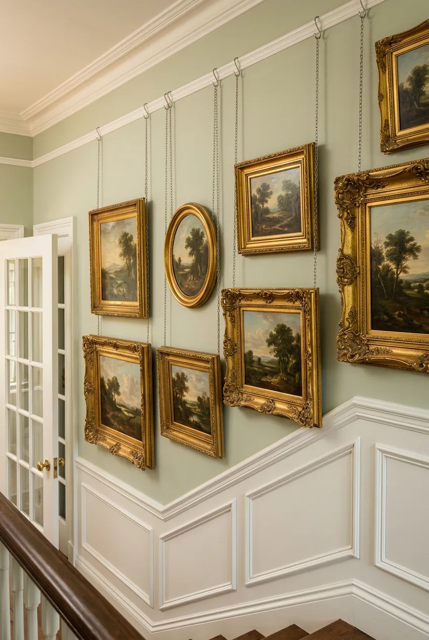 Art staggered along a staircase wall using a flexible hanging rail system.