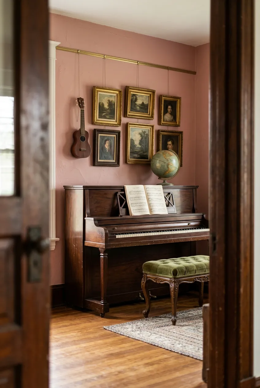 A creative workspace with rotating art displays hung from wood picture rail molding.