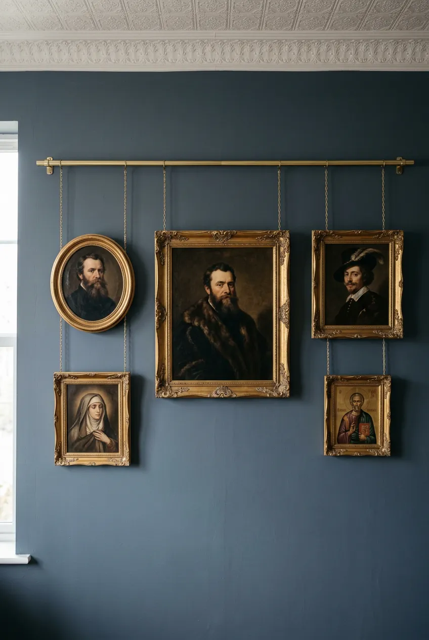 Ornate gold frames suspended by heavy brass links from a picture rail.