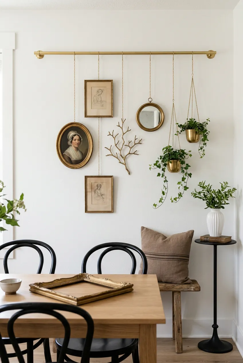 Eclectic mix of large and small framed art hanging together in a living room.