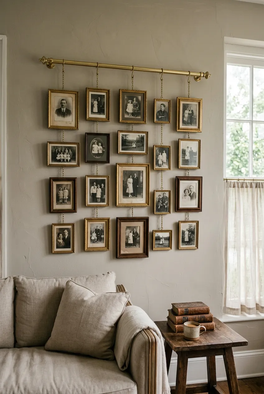 Antique paintings layered at slightly different depths using picture rail hooks.