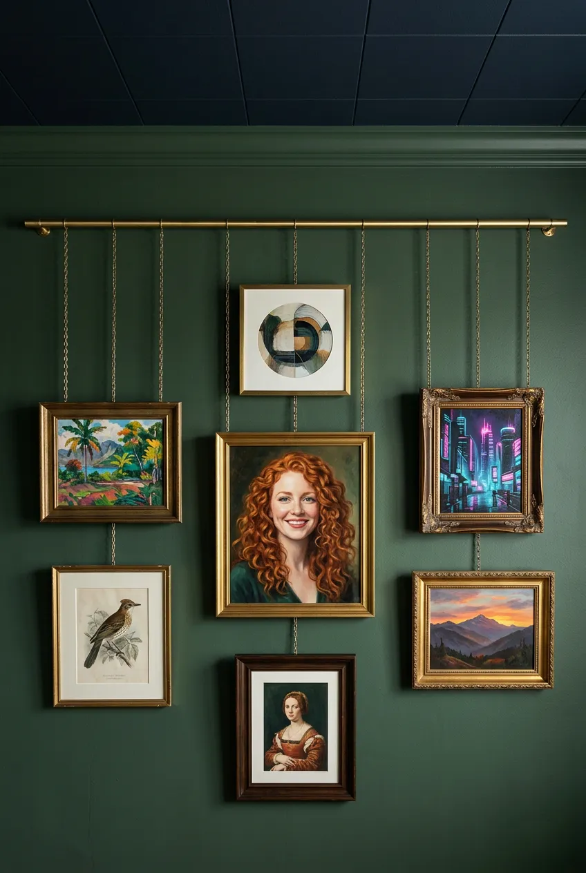 Emerald green wall with a bright brass picture rail and gold framed art.