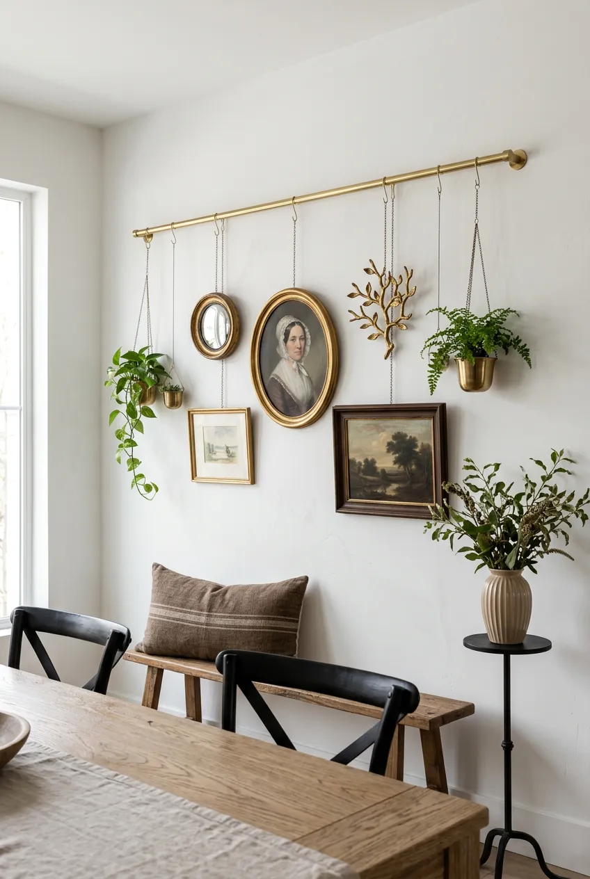 A perfectly symmetrical grid of artwork hanging from a rail in a dining room.