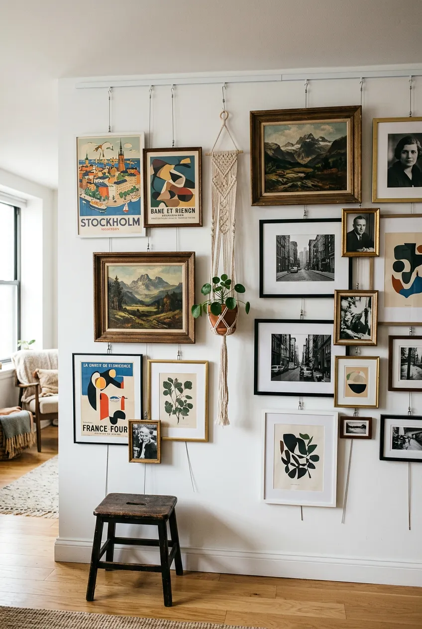 Art pieces hung with almost invisible thin transparent cables from a high rail.